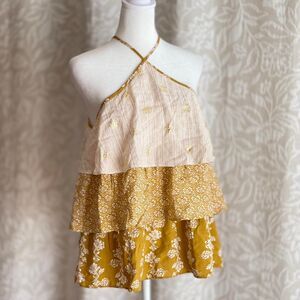 NWT LC Lauren Conrad Boho Ruffle Halter Top Cream Yellow Gold Floral Size S
